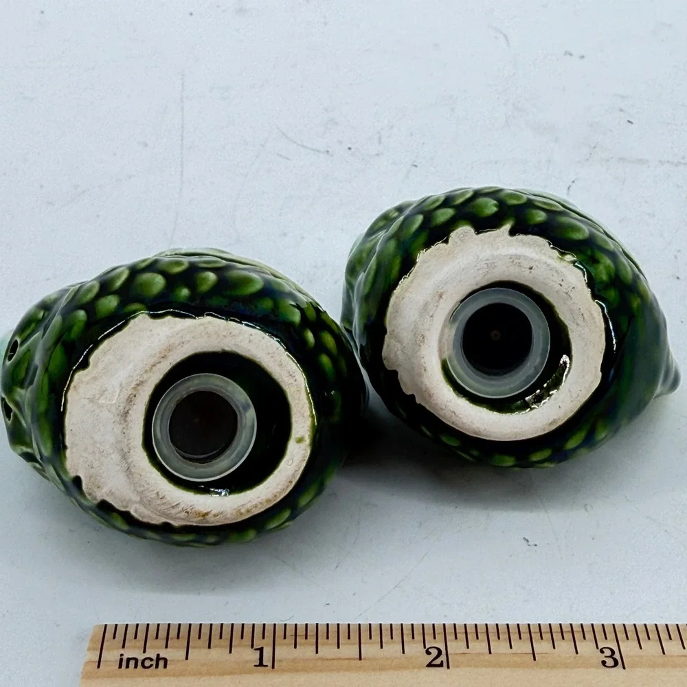 Rooster Chicken Hen Salt Pepper Shakers Green Ceramic Drip Glaze Set Intricate